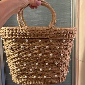 Pearl-Embellished Tan Woven Handbag